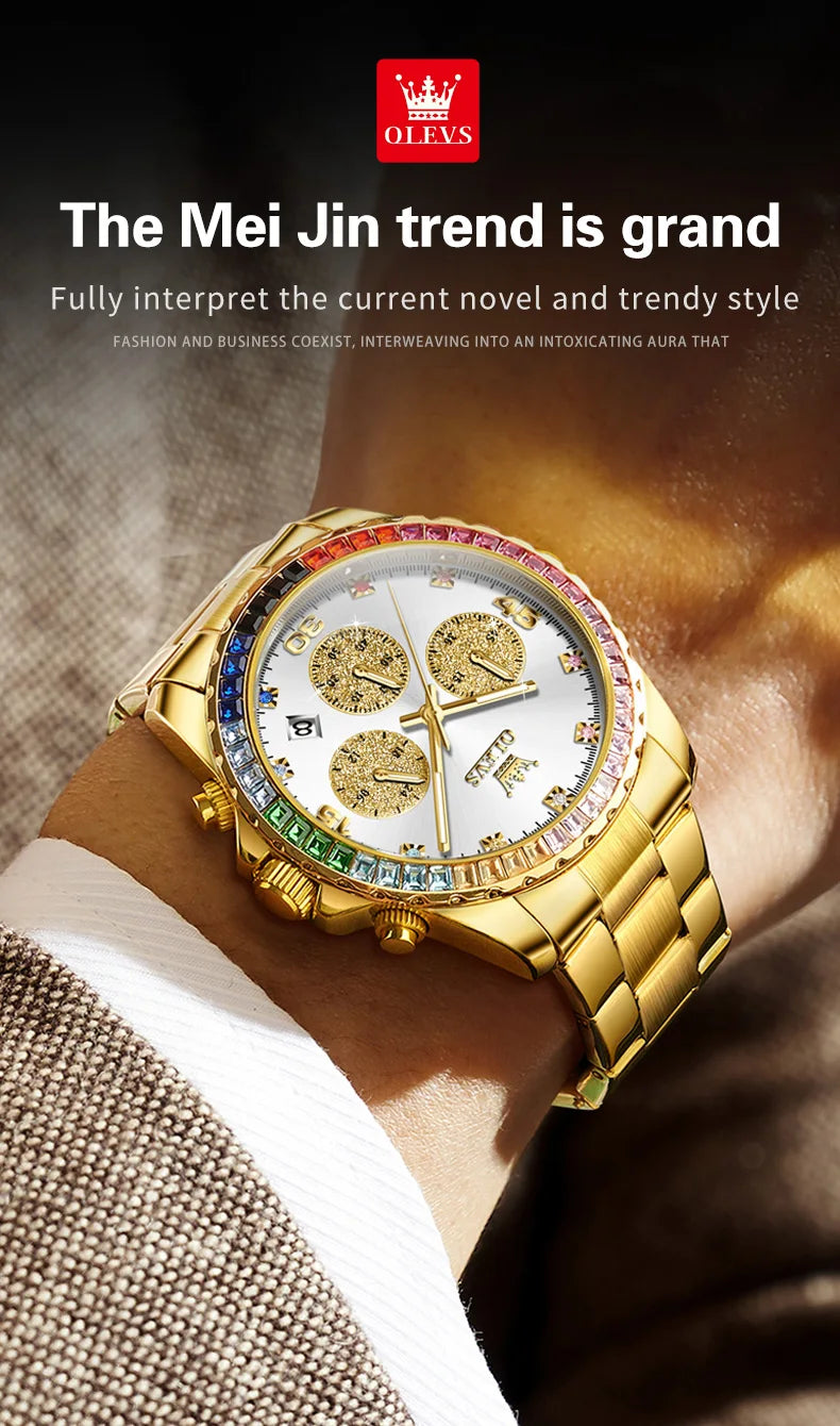 Watches For Men OLEVS Original Rainbow Gem Light Rose Gold Luxury Series Quartz Watch Waterproof Steel Strap Men's Watch New