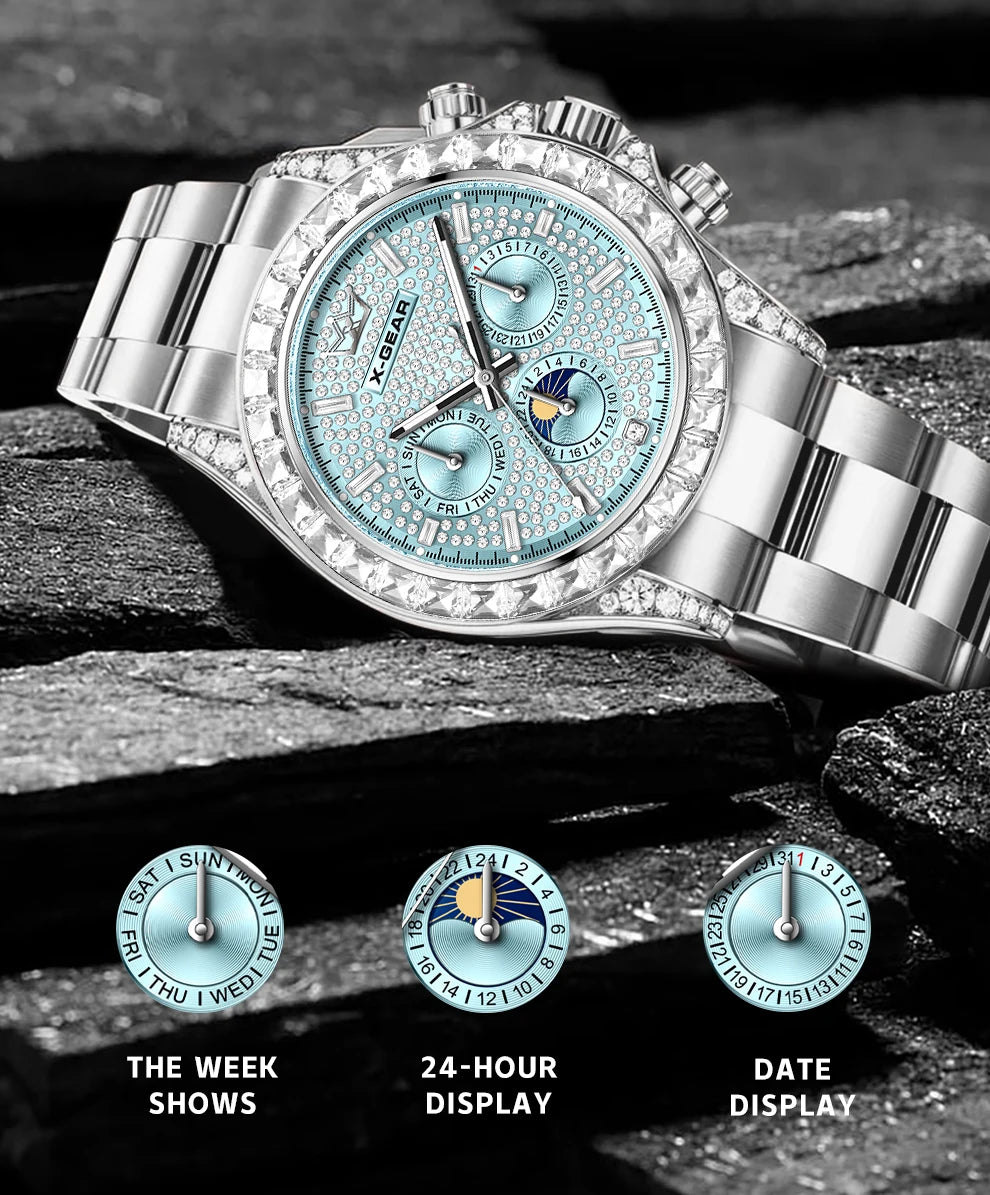 X-GEAR Men's Watch Automatic Mechanical with Diamond Dial Luminous Moon Phase Water-Resistant (Gift)