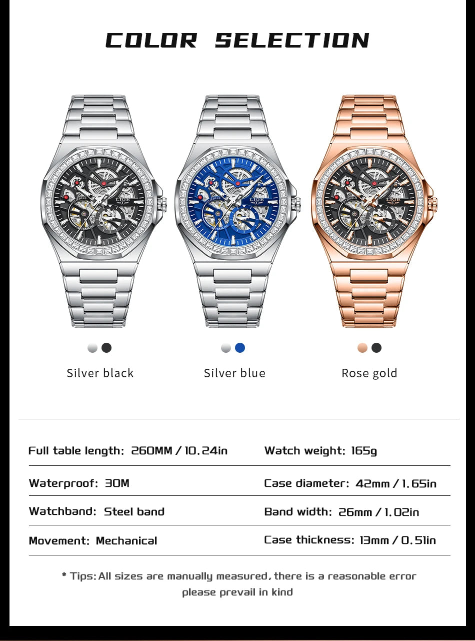 LIGE New Luxury Rose Gold Waterproof Watches For Men Casual Business Watch Men Luminous Automatic Men's Mechanical Wristwatch