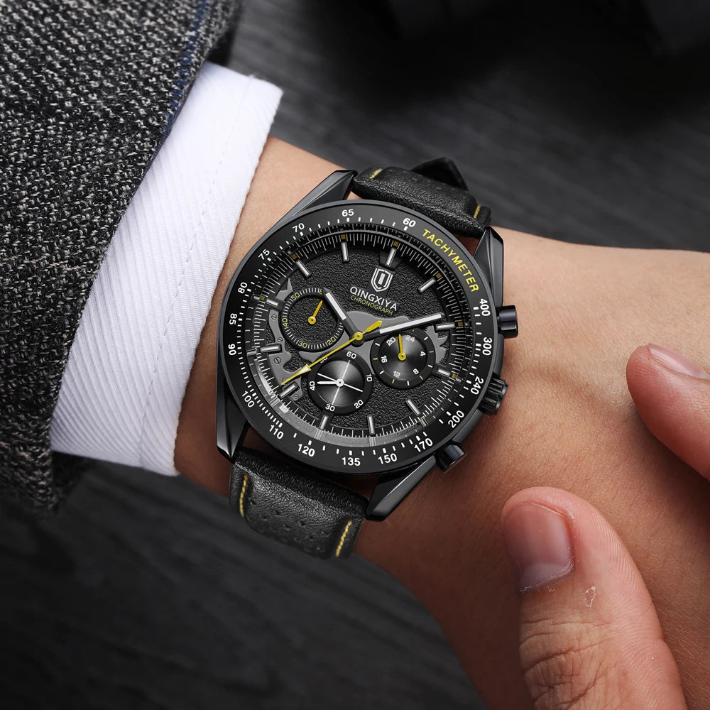 QINGXIYA New Men's Quartz Watches Top Brand Luxury Chronograph Watch Sport Leather Strap Strap Waterproof 24 Hours Male Clock