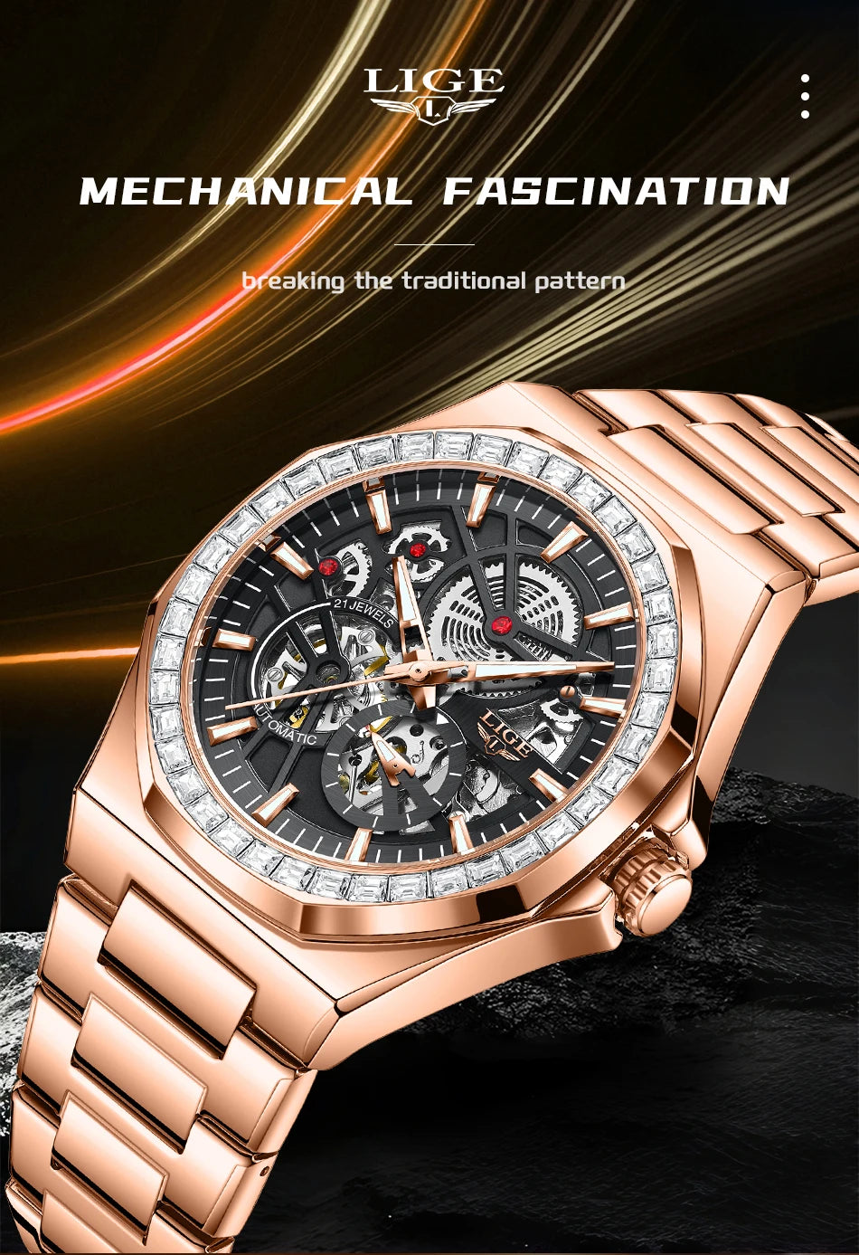 LIGE New Luxury Rose Gold Waterproof Watches For Men Casual Business Watch Men Luminous Automatic Men's Mechanical Wristwatch