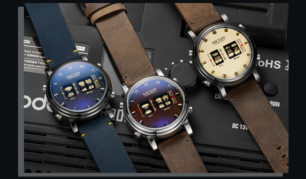 MEGIR Luxury Brand Men Sport Casual Watches Leather Strap Digital Roller Pointer Quartz Wristwatch Clock Relogio Masculino 2137