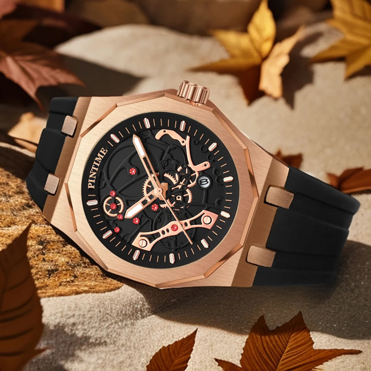 Premium Luxury Sports Watch for Men Water Resistant Automatic Mechanical Stone Style Timepiece Men's Wristwatch Retro Watch