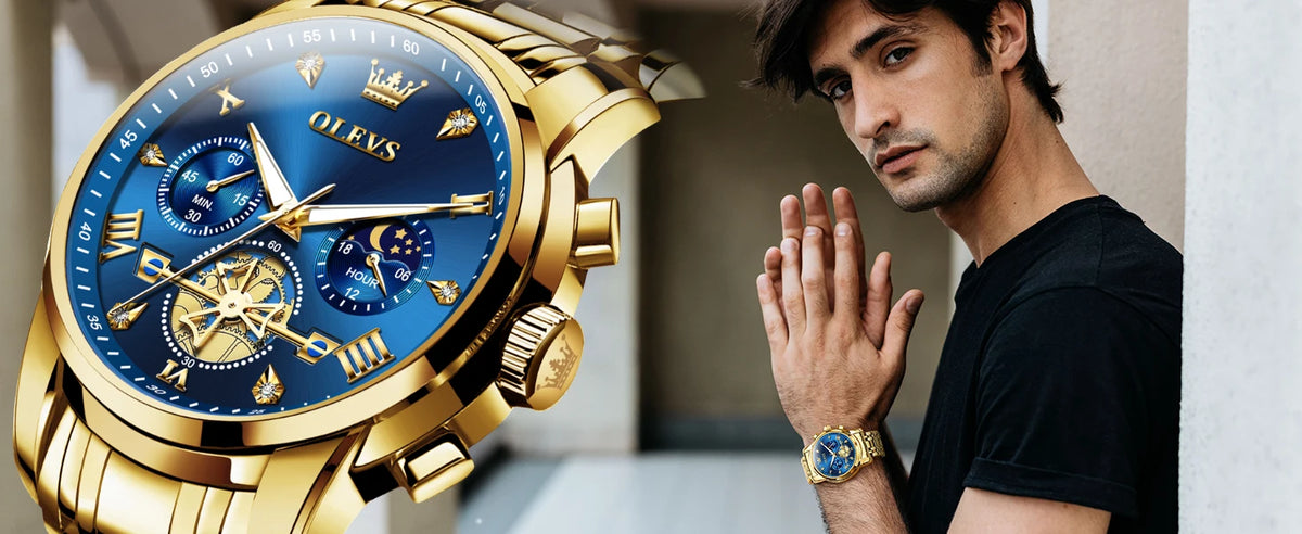 OLEVS Luxury Brand Men's Watch Classic Roman Scale Flywheel Design Moon Phase Waterproof Quartz Watch for Men Original 2856