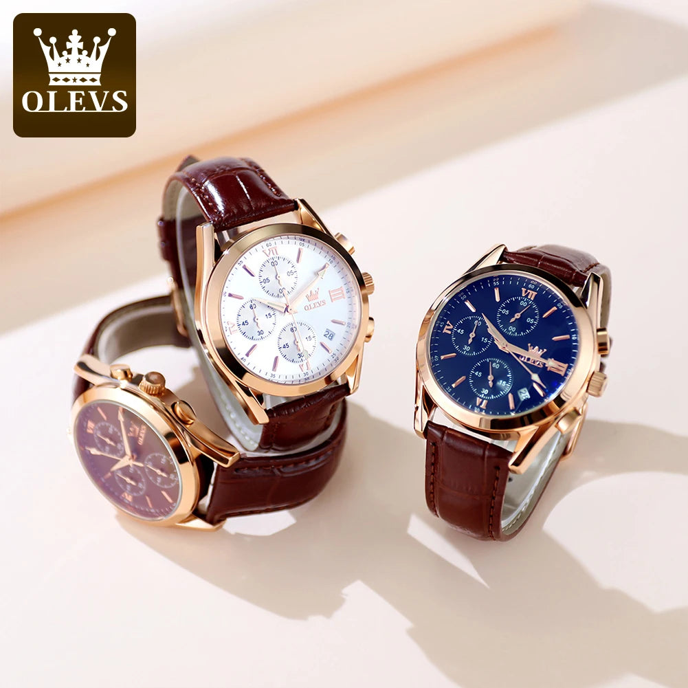 OLEVS 2872 Chronograph Men's Wristwatches Leather Strap Waterproof Luminous Original Quartz Watch for Men Luxury Sport Man Watch