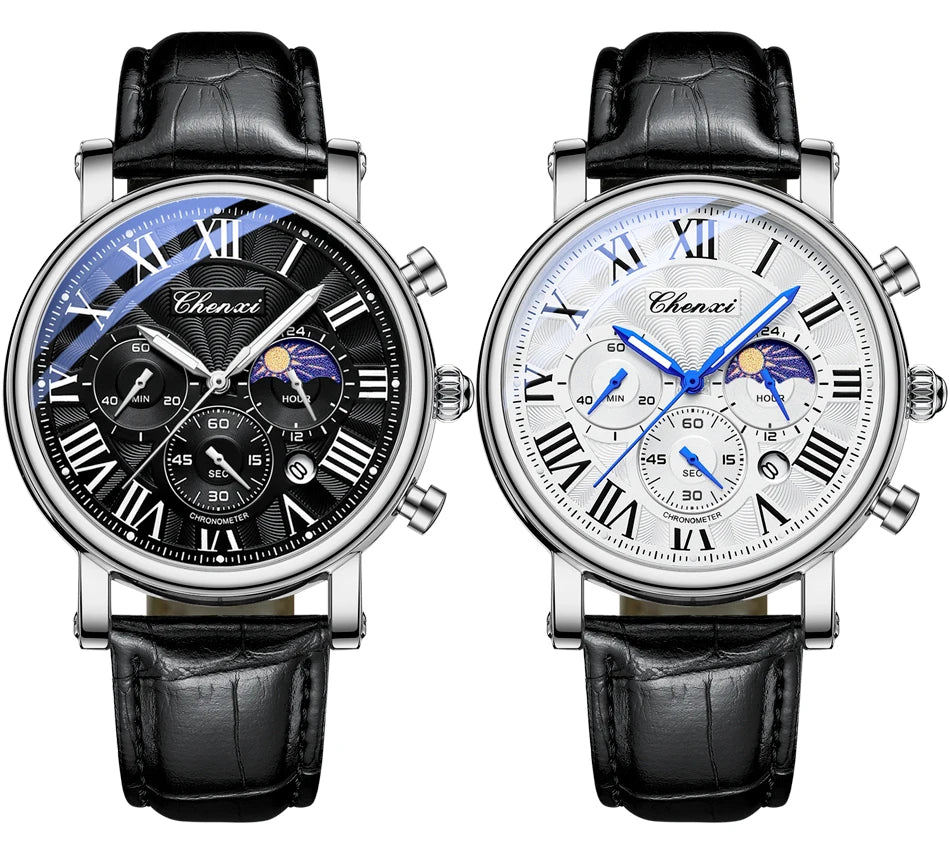 Watches For Men Leather Sweeping Second See-through Quartz Movement Waterproof Moon Phase Chronograph Wristwatch Men's Watch
