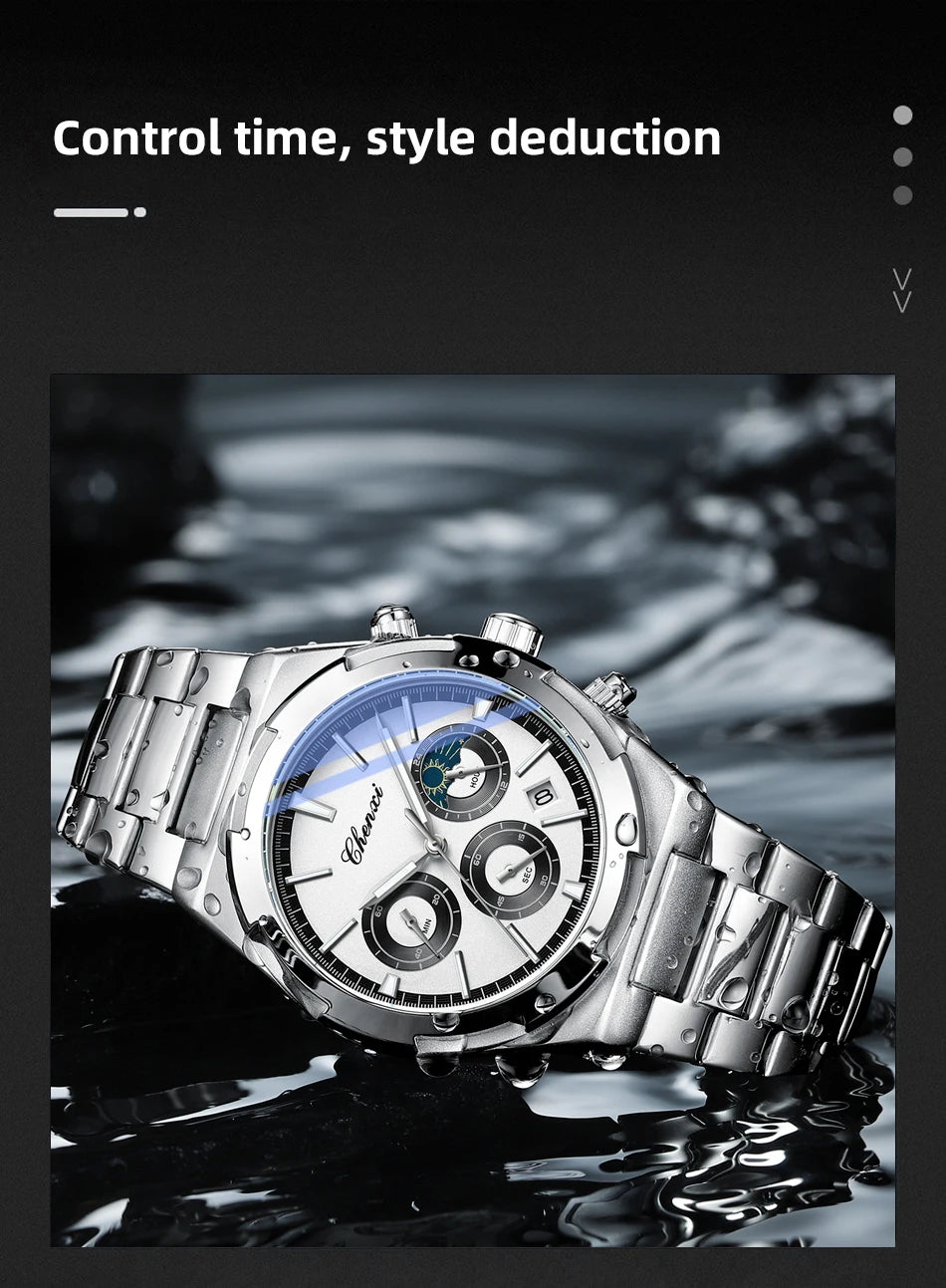 Men's Watches Classic Multifunctional Chronograph Sports Watch Top Luxury Stainless Steel Waterproof Luminous Quartz Wristwatch