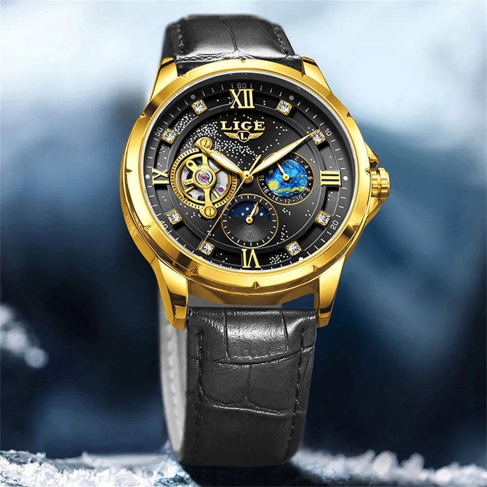 LIGE Top Luxury Mechanical Watches Men Fashion Diamonds Automatic Mens Watch 30M Waterproof Luminous Wristwatch Male Reloj 2026