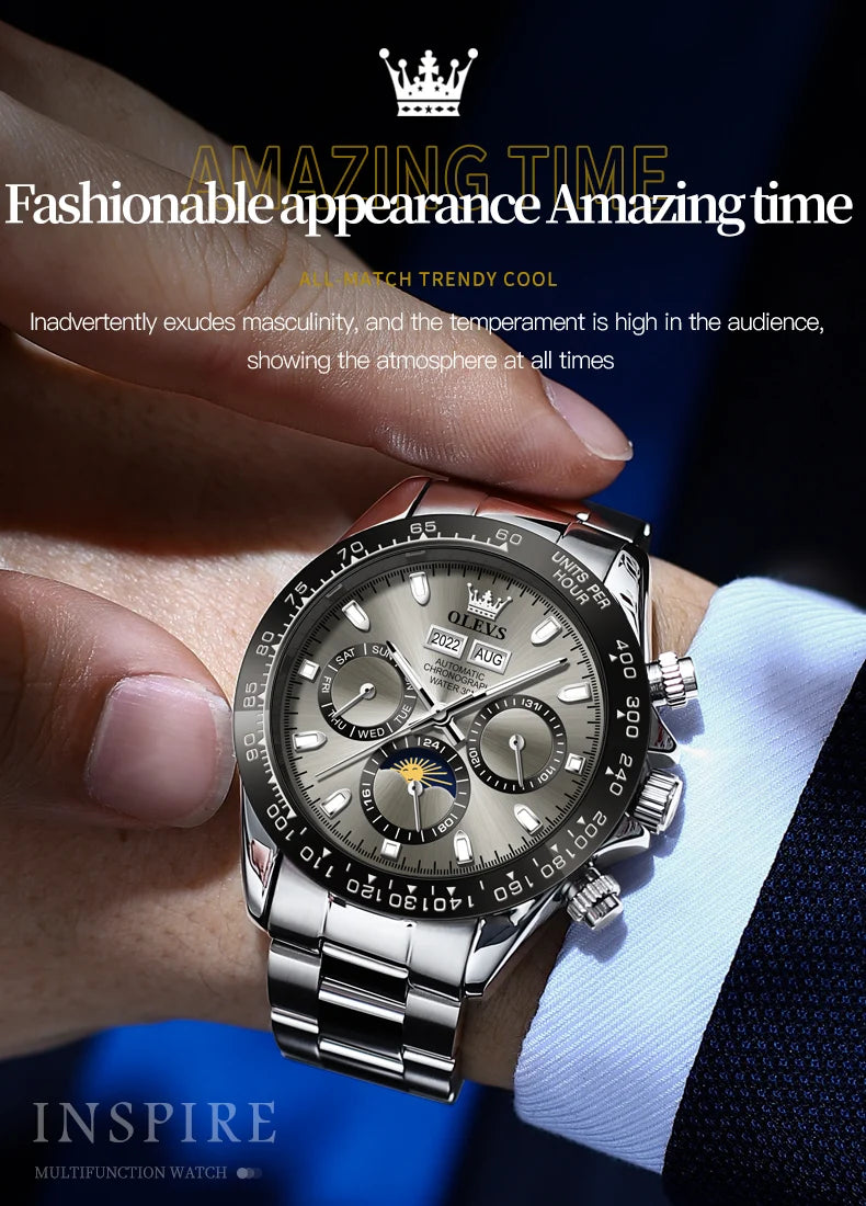 OLEVS 6654 Mens Watch Chronograph Automatic Mechanical Wristwatch Light Luxury Waterproof Luminous Function Brand Watch for Man