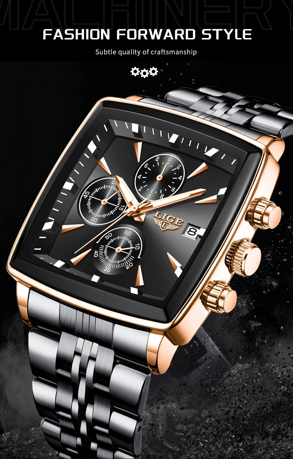 LIGE Fashion Luxury  Watches for Men Square Dial Stainless Steel Waterproof Luminous Auto Date Chronograph Quartz Man Watch+Box