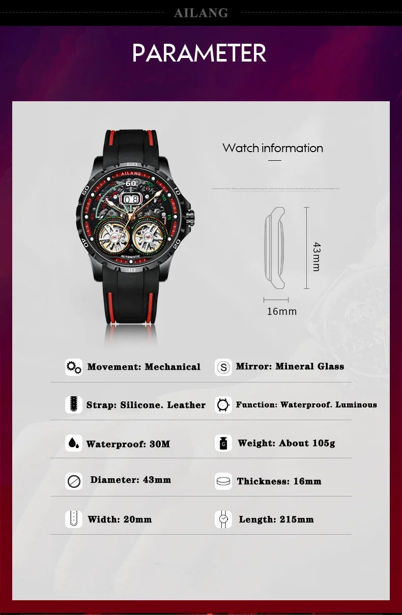 Luxury Sports Double Tourbillon Watches for Men Fashion Calendar Mechanical Watch Waterproof Luminous Clock Mens