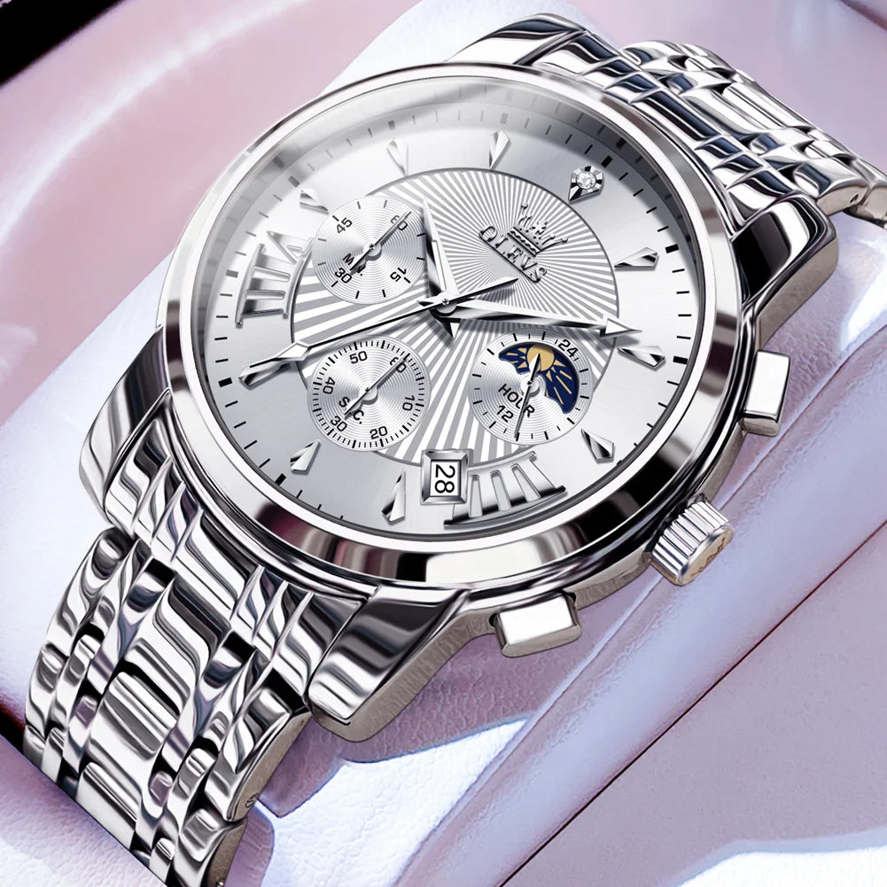 OLEVS Men's Watches 2892 Luxury Business Original Top Brand Quartz Watch for Man Waterproof Moon Phase Date Chronograph Luminous