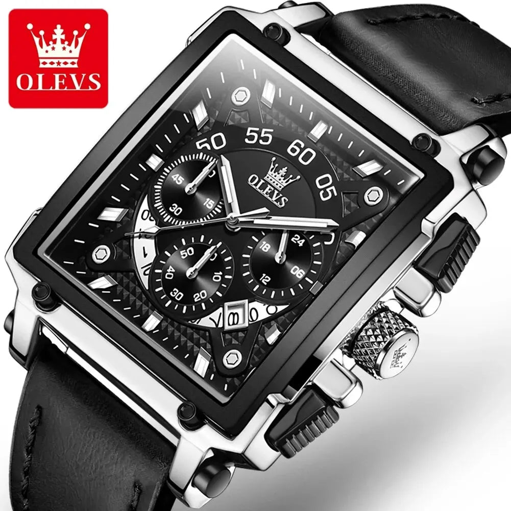 OLEVS 9919 Men Watch Fashion Square Dial Leather Strap Chronograph Waterproof Sports Clock Luxury Original Quartz Wristwatch Man