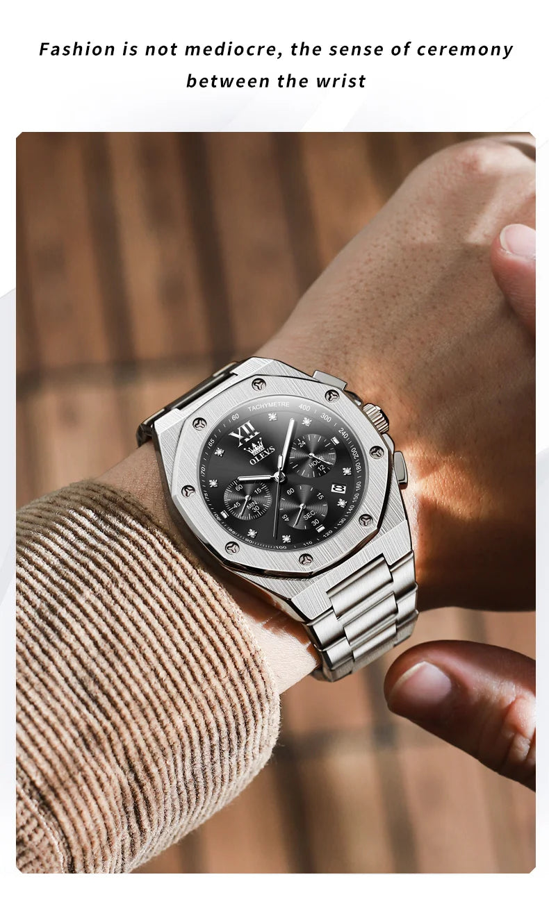 OLEVS Men's Watches Classic Luxury Top Brand Fine Steel Original Quartz Wristwatch for Man Waterproof Luminous Date Chronograph
