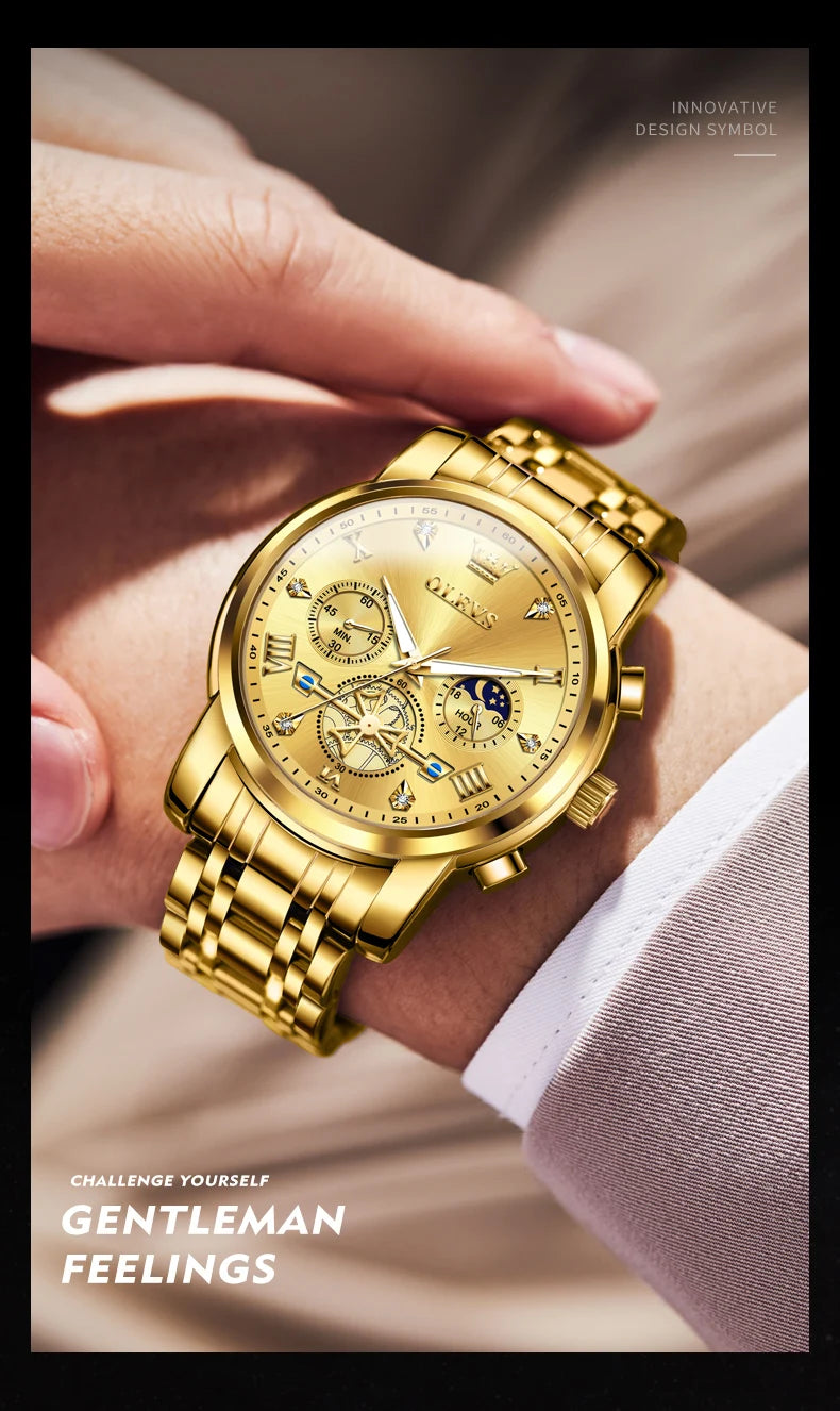 OLEVS Luxury Brand Men's Watch Classic Roman Scale Flywheel Design Moon Phase Waterproof Quartz Watch for Men Original 2856