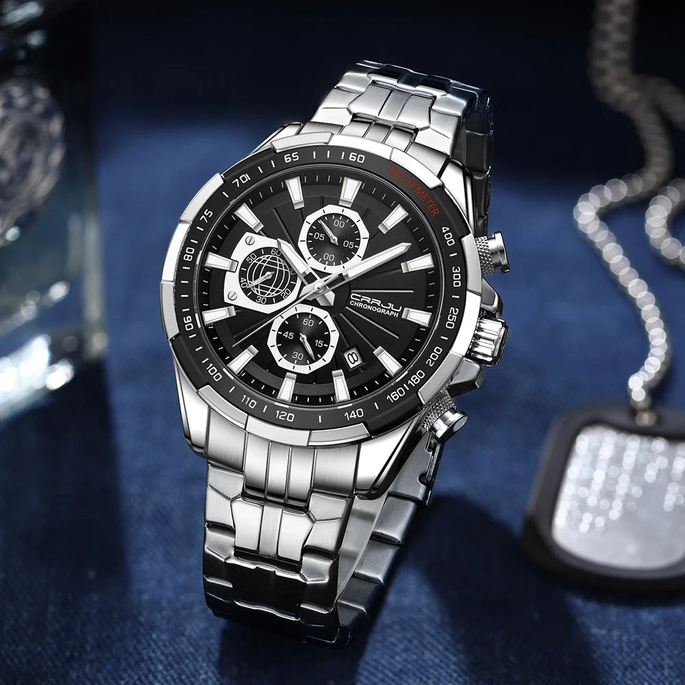 CRRJU Men's Watches Fashion Business Multifunction Quartz Chronograph with Auto Date and Luminous Hands Relogio Masculino
