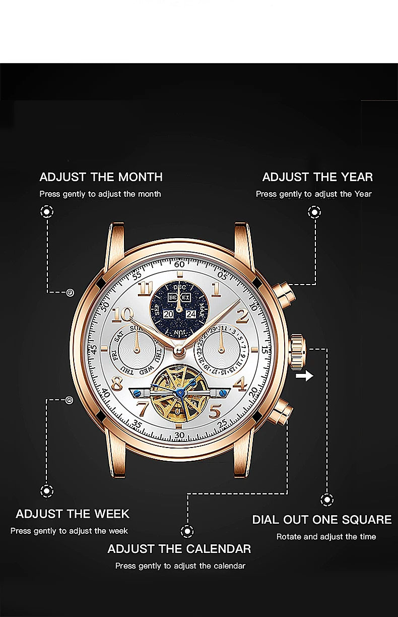BEXEI 2025 Perpetual Calendar Automatic Watch Waterproof Mens Watches Top Brand Luxury Tourbillon Mechanical Watches for Man