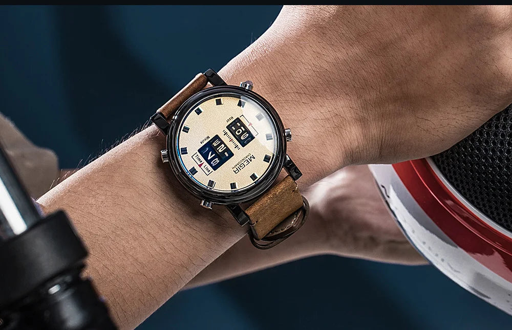 MEGIR Luxury Brand Men Sport Casual Watches Leather Strap Digital Roller Pointer Quartz Wristwatch Clock Relogio Masculino 2137