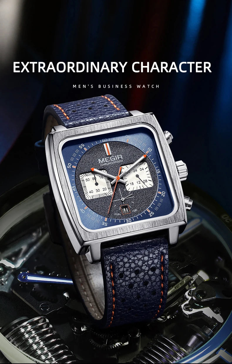 MEGIR 2182 Luxury Fashion Sports Chronograph Multi-Functional Military Leather Date Wristwatches for Men Relogio Masculino