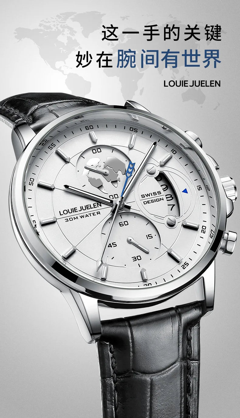 LOUIE JUELEN New Hot-Selling Men's Business Watch - Genuine Leather Strap Chronograph 3Eye Luminous Waterproof Quartz Wristwatch