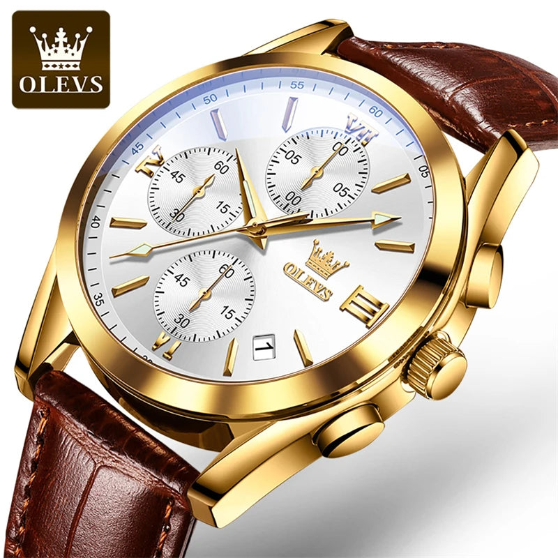 OLEVS Mens Watches Top Brand Luxury Chronograph Quartz Watch Men Sport Leather Waterproof Luminous Date Business Wristwatch Male