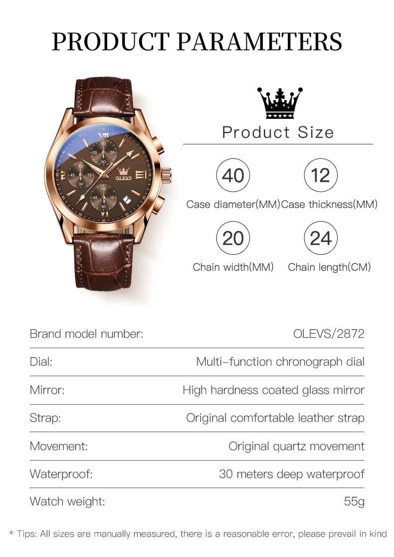 OLEVS Mens Watches Top Brand Luxury Chronograph Quartz Watch Men Sport Leather Waterproof Luminous Date Business Wristwatch Male