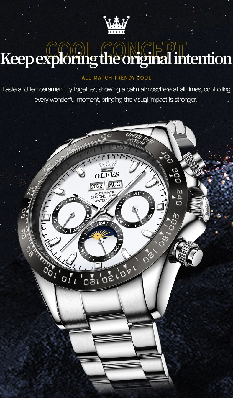 OLEVS 6654 Mens Watch Chronograph Automatic Mechanical Wristwatch Light Luxury Waterproof Luminous Function Brand Watch for Man