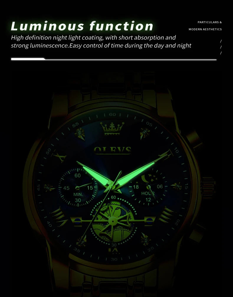 OLEVS Luxury Brand Men's Watch Classic Roman Scale Flywheel Design Moon Phase Waterproof Quartz Watch for Men Original 2856