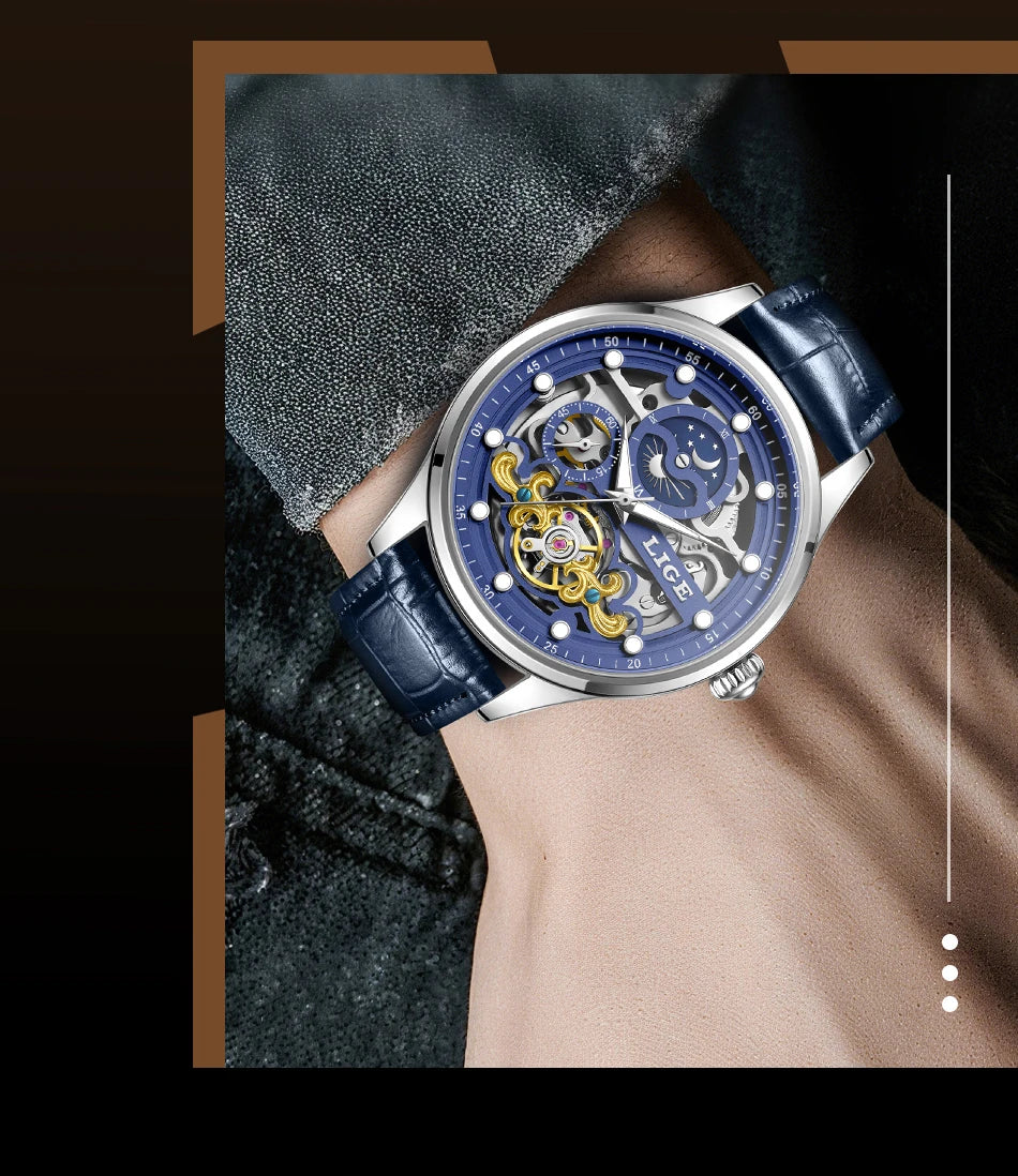 Reloj Hombre Watches Mens LIGE Top Brand Luxury Skeleton Tourbillon Automatic Mechanical Watch for Men Waterproof+Watch Box