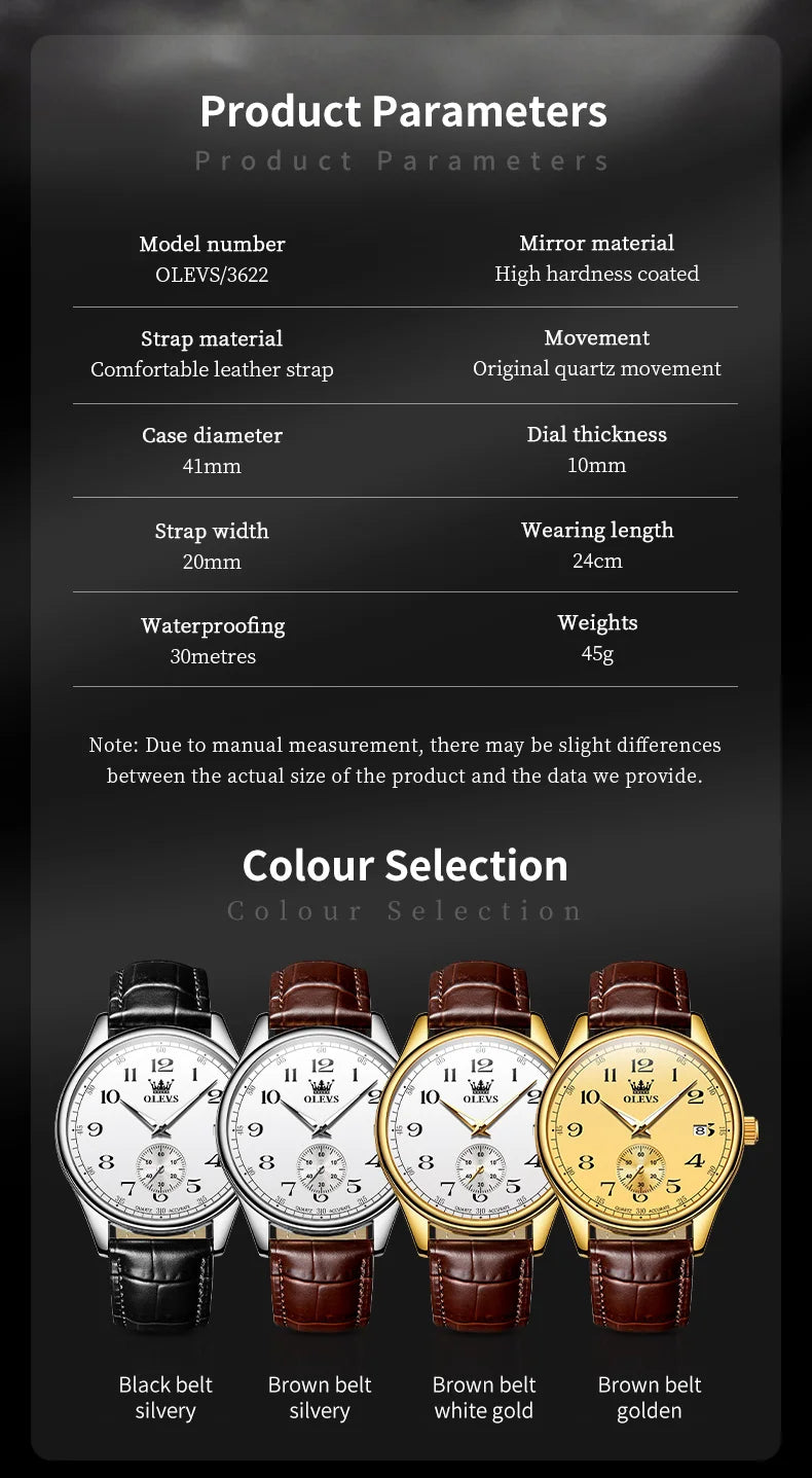OLEVS 3622 Chronograph Quartz Watch for Men Fashion Leather Strap Luminous Waterproof Classic Digital Dial Top Men's Wristwatch
