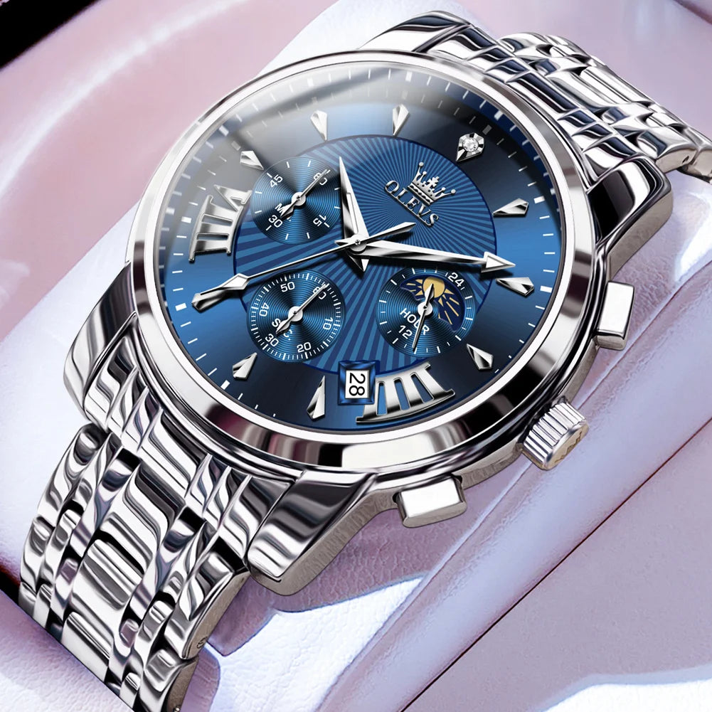 OLEVS Men's Watches 2892 Luxury Business Original Top Brand Quartz Watch for Man Waterproof Moon Phase Date Chronograph Luminous