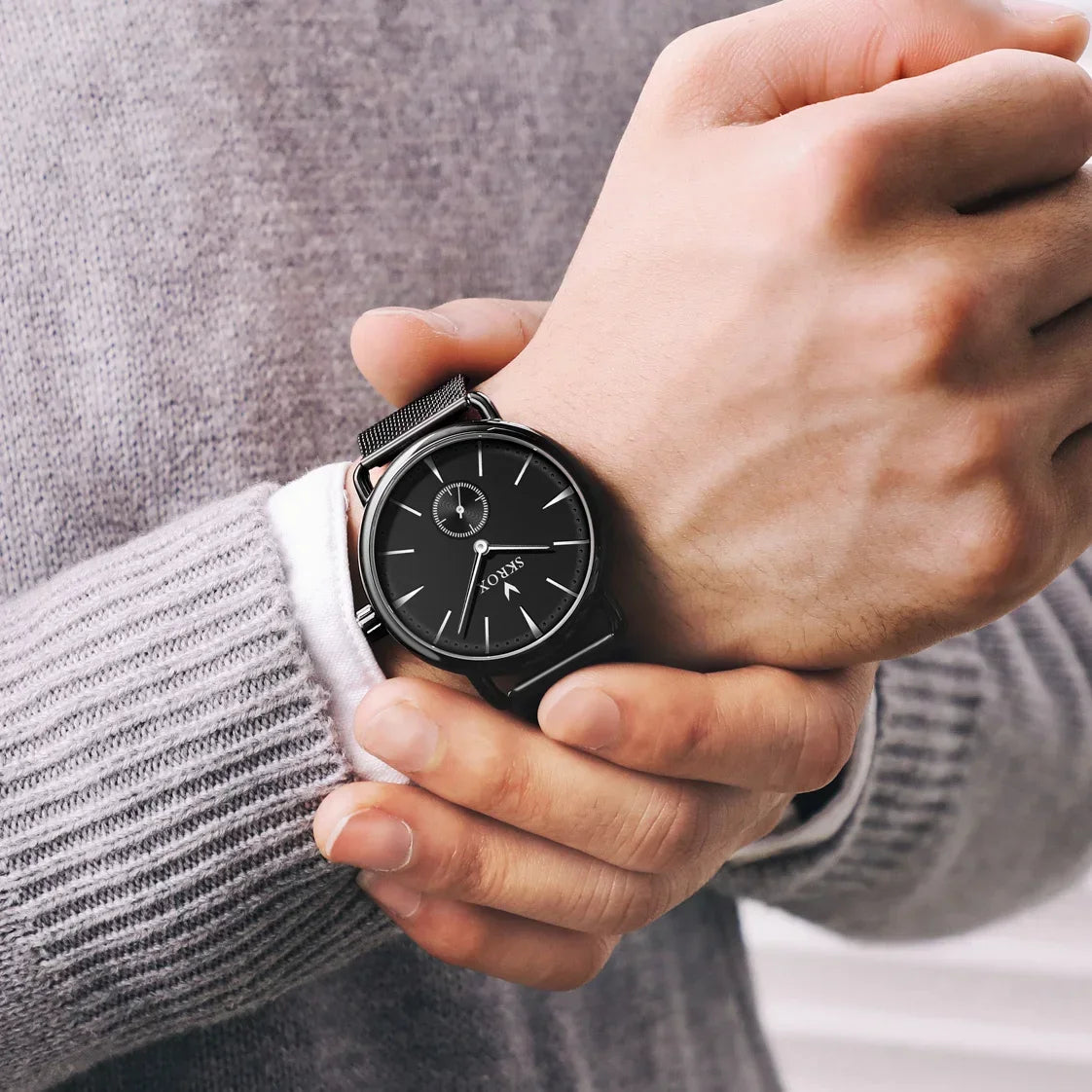 Luxury Brands SKROX Ultra-Thin Mechanical Men's Watch High-End Elegant Design with Mesh Strap Manual Movement Wind-Up Clockwork