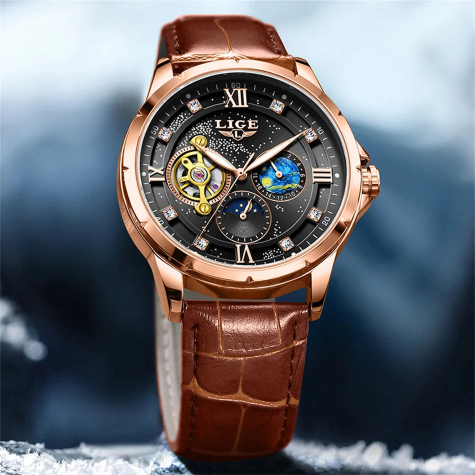 LIGE Top Luxury Mechanical Watches Men Fashion Diamonds Automatic Mens Watch 30M Waterproof Luminous Wristwatch Male Reloj 2026