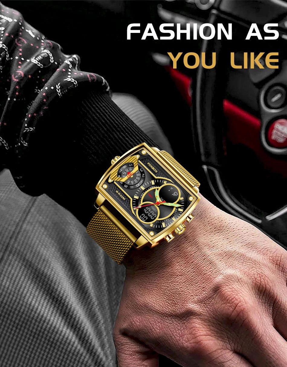 LIGE Top Brand Luxury Men Watch FOXBOX Fashion Square Watch Men Casual Sports Waterproof Double Display Watch Relogio Masculino