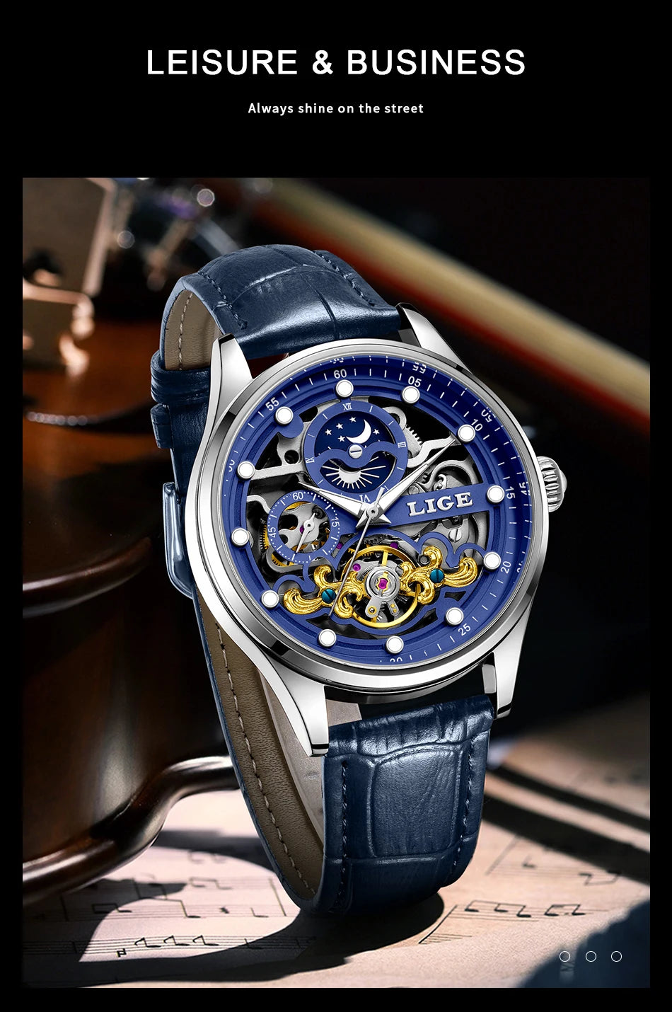 Reloj Hombre Watches Mens LIGE Top Brand Luxury Skeleton Tourbillon Automatic Mechanical Watch for Men Waterproof+Watch Box