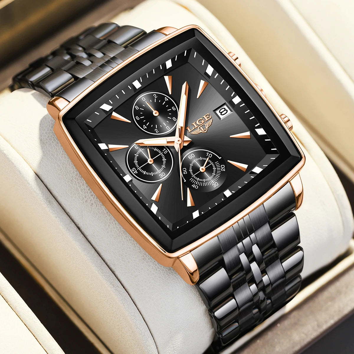 LIGE Fashion Luxury  Watches for Men Square Dial Stainless Steel Waterproof Luminous Auto Date Chronograph Quartz Man Watch+Box