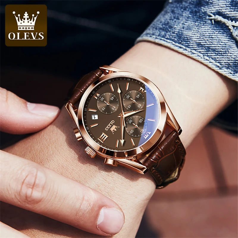 OLEVS Mens Watches Top Brand Luxury Chronograph Quartz Watch Men Sport Leather Waterproof Luminous Date Business Wristwatch Male