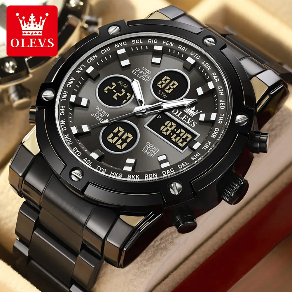 OLEVS 2024 New Mens Watches Top Brand Luxury Sport Digital Quartz Wristwatch For Men All Steel Military Waterproof Clock+Box