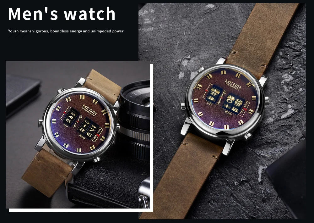 MEGIR Luxury Brand Men Sport Casual Watches Leather Strap Digital Roller Pointer Quartz Wristwatch Clock Relogio Masculino 2137