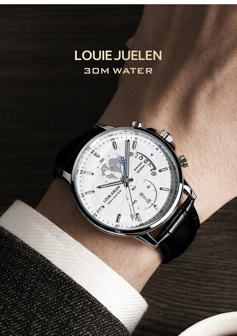 LOUIE JUELEN New Hot-Selling Men's Business Watch - Genuine Leather Strap Chronograph 3Eye Luminous Waterproof Quartz Wristwatch