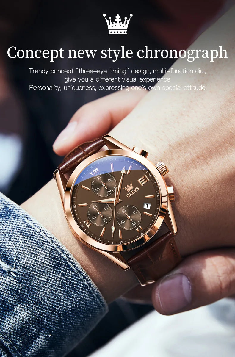 OLEVS Mens Watches Top Brand Luxury Chronograph Quartz Watch Men Sport Leather Waterproof Luminous Date Business Wristwatch Male