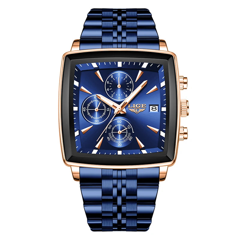 LIGE Fashion Luxury  Watches for Men Square Dial Stainless Steel Waterproof Luminous Auto Date Chronograph Quartz Man Watch+Box