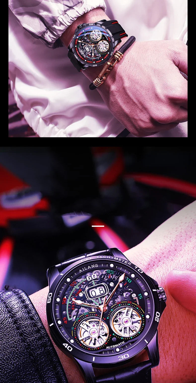 Luxury Sports Double Tourbillon Watches for Men Fashion Calendar Mechanical Watch Waterproof Luminous Clock Mens