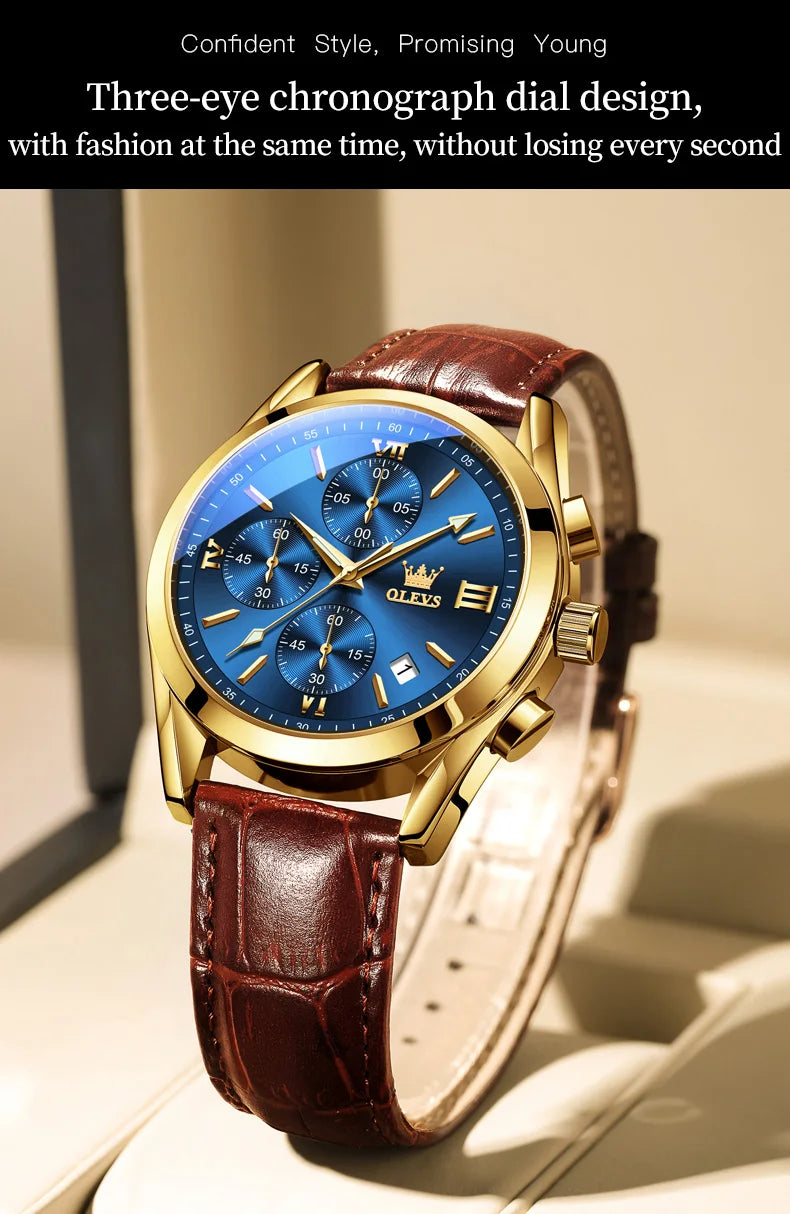 OLEVS 2872 Chronograph Men's Wristwatches Leather Strap Waterproof Luminous Original Quartz Watch for Men Luxury Sport Man Watch