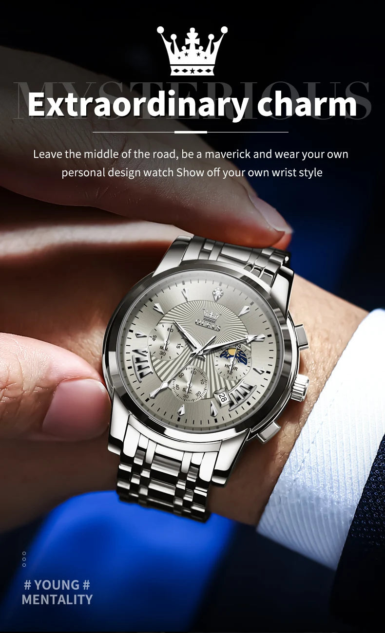 OLEVS Men's Watches 2892 Luxury Business Original Top Brand Quartz Watch for Man Waterproof Moon Phase Date Chronograph Luminous