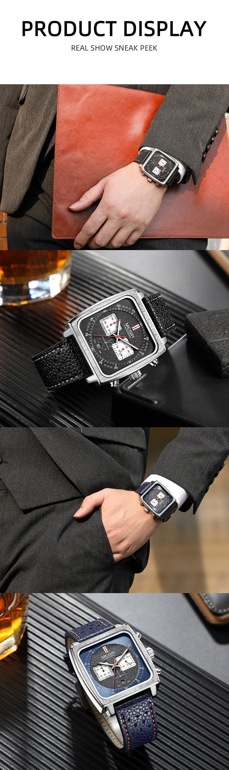 MEGIR 2182 Luxury Fashion Sports Chronograph Multi-Functional Military Leather Date Wristwatches for Men Relogio Masculino
