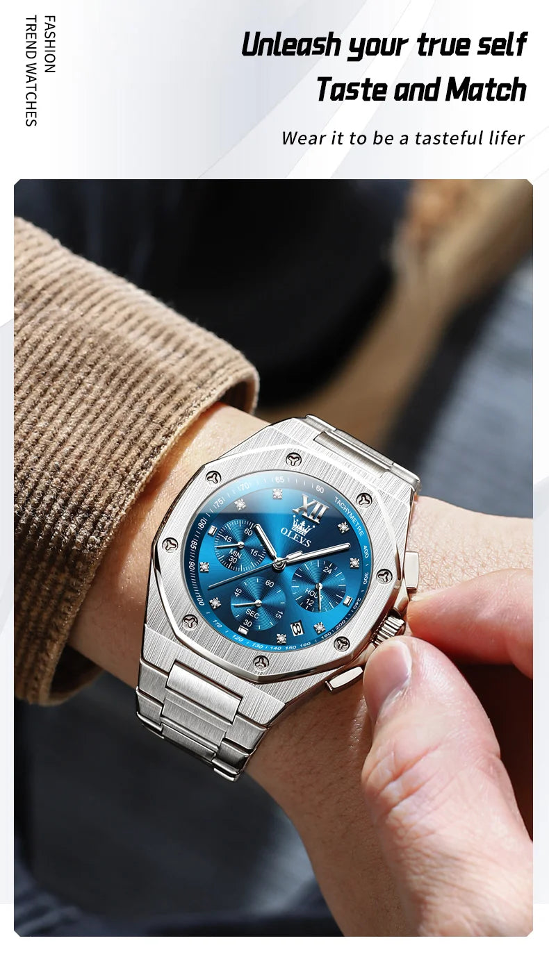 OLEVS Men's Watches Classic Luxury Top Brand Fine Steel Original Quartz Wristwatch for Man Waterproof Luminous Date Chronograph