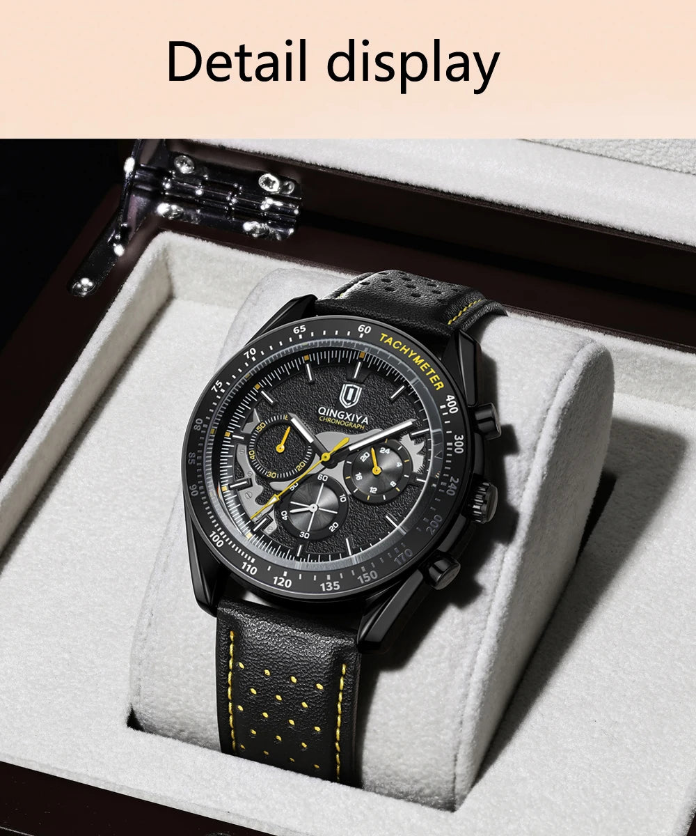 QINGXIYA New Men's Quartz Watches Top Brand Luxury Chronograph Watch Sport Leather Strap Strap Waterproof 24 Hours Male Clock