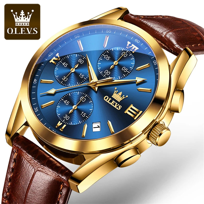 OLEVS Mens Watches Top Brand Luxury Chronograph Quartz Watch Men Sport Leather Waterproof Luminous Date Business Wristwatch Male
