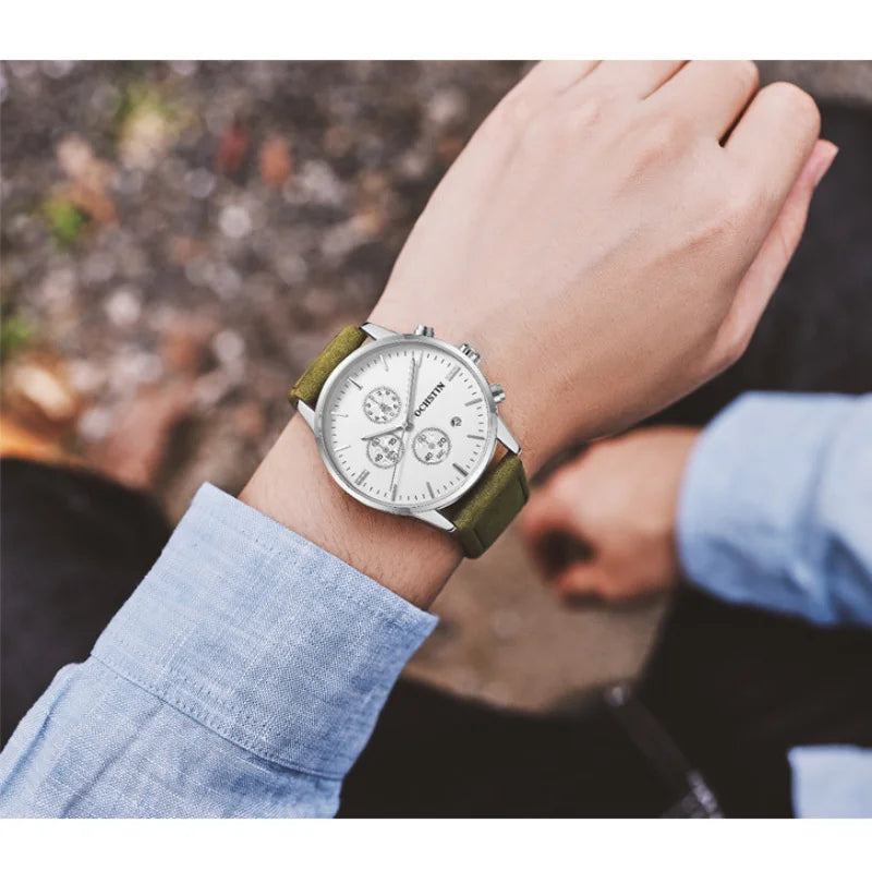 Quartz Watch for Man Multifunctional Chronography Series with 42mm Dial and 10mm Thickness Leather Strap Waterproof 3ATM